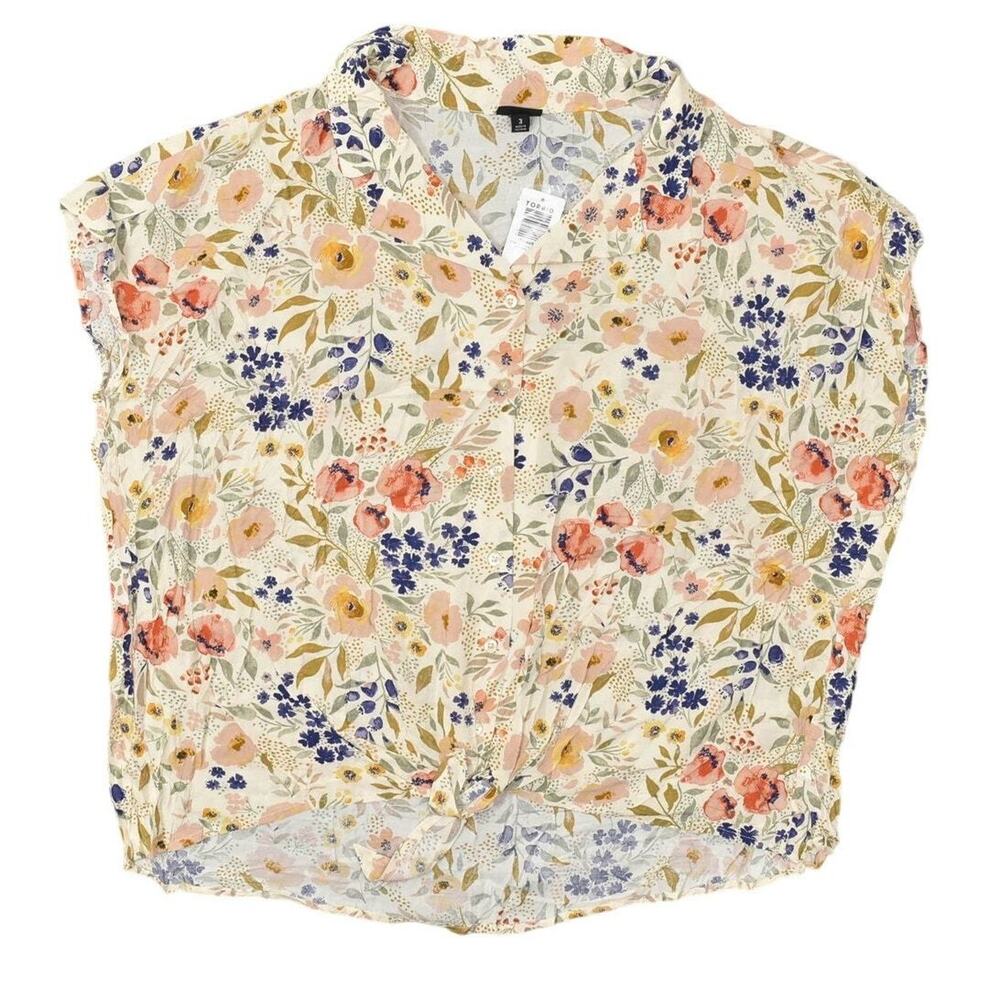 NEW Torrid Women's Plus Size 3 Beige Floral Rayon Button-Up Top Short Sleeve